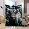 Highland Cow & Blue Roses Flannel Throw Blanket - Soft, Warm, and Stylish with Black Animal Design, Perfect Gift for Friends and Family. - 2 of 4