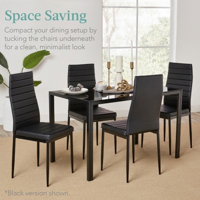 Modern Black Glass Square Dining Table Set with 4 Faux Leather Chairs