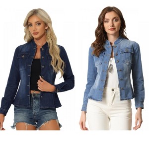 INSPIRE CHIC Women's Button Front Stand Collar Long Sleeve Jean Jackets with Pockets 2 Packs - 1 of 4