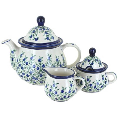 Blue Rose Polish Pottery Porcelain Vine Three Piece Tea Set