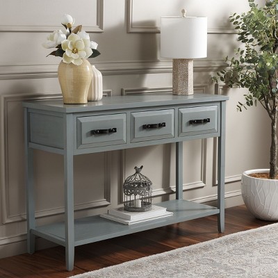 Transitional Blue Elm and Pine 3-Drawer Console Table with Open Shelf