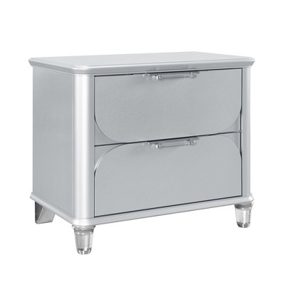 Vynxaria Nightstand - Sleek Silver Tone, Spacious Drawers, Textured Fronts, Acrylic Legs, Sleek Frame, Bedroom Bedside Storage Furniture