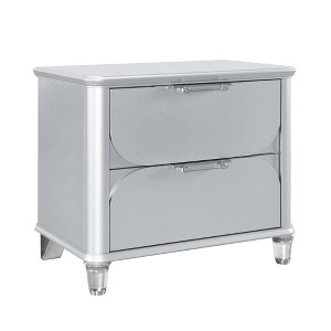 Vynxaria Nightstand - Sleek Silver Tone, Spacious Drawers, Textured Fronts, Acrylic Legs, Sleek Frame, Bedroom Bedside Storage Furniture - 1 of 4