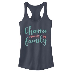 Juniors Womens Lilo & Stitch Blue and Red Ohana means Family Racerback Tank Top - 1 of 4