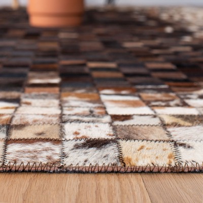 Hand-Stitched Geometric Beige & Brown Cowhide Area Rug