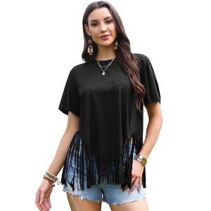 INSPIRE CHIC Women's Fringe Asymmetrical Hem Short Sleeve Round Neck Casual Tassel Blouses - 1 of 4