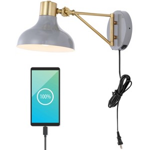 15" LED Lynn Swing Arm Iron Wall Sconce with USB Port, Silk Cord - JONATHAN Y: UL Listed, 2700K - 1 of 4