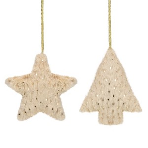 Northlight Sequin Faux Fur Star and Christmas Tree Ornaments - 4.25" - Beige - Set of 2 - 1 of 4