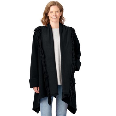 Woman Within Fringed Shawl Collar Fleece Jacket