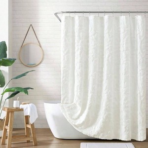 White Cotton Fabric Shower Curtain 72x 72 inches Soft Chenille Bathroom Curtain Warm Laurel Texture Waterproof and Durable - 1 of 4
