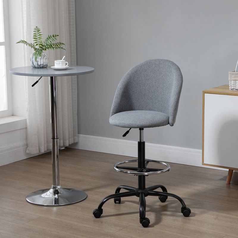 Vinsetto Ergonomic Rolling Drafting Chair for Standing Desk, Linen Office Stool with Adjustable Foot Ring and Steel Base, 2 of 7