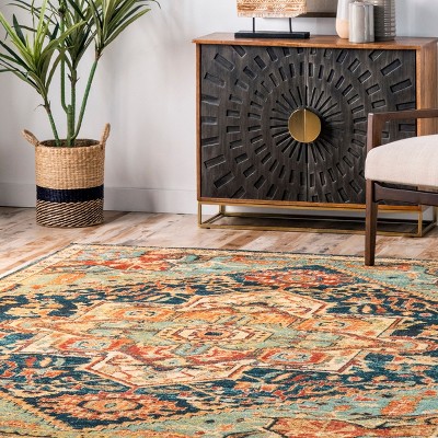 Green Medallion Synthetic Easy Care Area Rug