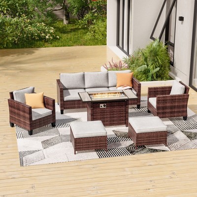 Sonkuki 6 Pieces Patio Sofa with Rectangle Fire Pit Table and Ottomans, Wicker Conversation Couch, Navy Blue Cushion