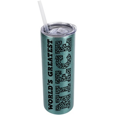 Elanze Designs Leopard Pattern Turquoise Blue 20 Ounce Double Wall Stainless Steel Glitter Travel Tumbler With Sliding Lid And Straw, World's Greatest