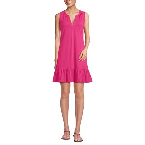 Lands' End Women's Petite Sleeveless Cotton Jersey Notch Neck Flounce Dress - Large - Cherry Fuchsia