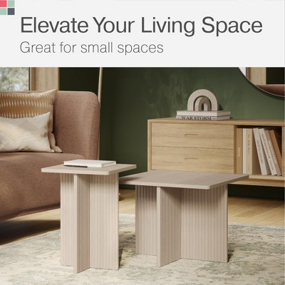 Square Fluted Nesting Coffee Table Set with Criss Cross Base, Light Brown Wood