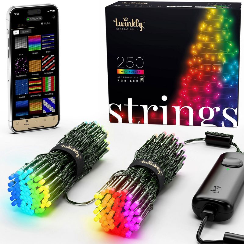 Twinkly Strings App-Controlled LED Christmas Lights 250 RGB (16 Million Colors) 65.6 feet Green Wire Indoor/Outdoor Smart Lighting Decoration (2 Pack), 1 of 7