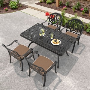 5-Piece Cast Aluminum Outdoor Dining Set: Rectangle Table, Stackable Chairs & Brown Cushions - All-Weather Patio Furniture for Your Backyard - 1 of 4