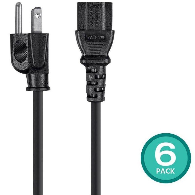 Monoprice 3-Prong Power Cord - 3 Feet - Black (6 Pack) NEMA 5-15P to IEC 60320 C13, 18AWG, 10A, 125V, Works With Most Pcs, Monitors, Scanners, &, 2 of 7