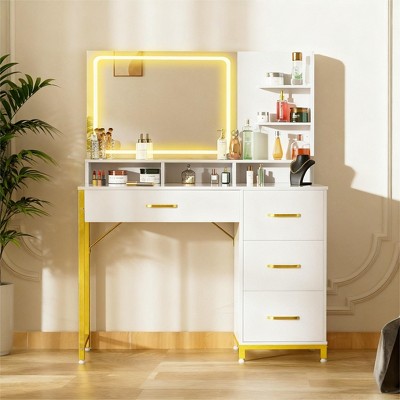 COMHOMA Vanity Desk with Mirror and Lights, Makeup Vanity Table with Large HD Mirror, 4 Drawers & Storage Shelves