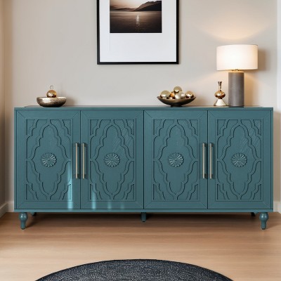 63'' Large Storage Cabinet with Metal Handle, Carved Flower Doors, Wooden Mordern Sideboard Console with Adjustable Shelves - Leovsnove