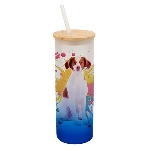 100 North 25 Ounce Frosted Glass Gradient Travel Tumbler With Straw & Wooden Lid, Brittany Spaniel Paint Splatter Navy Blue - 1 of 4