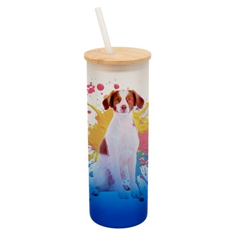 100 North 25 Ounce Frosted Glass Gradient Travel Tumbler With Straw & Wooden Lid, Brittany Spaniel Paint Splatter Navy Blue - image 1 of 4