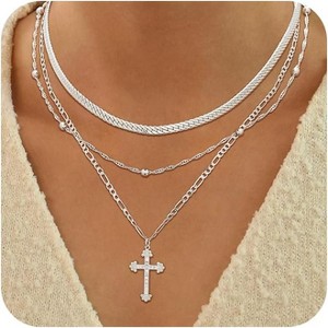Women's Necklace - 14K Gold/Silver Plated Layered Chain With Cross, Coin & Pearl Pendants - Stackable Trendy Jewelry Gift For Her - 1 of 4