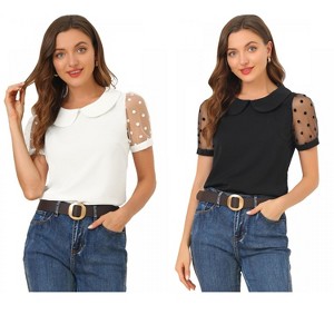 Allegra K Women's Vintage Peter Pan Collar Puff Polka Dots Mesh Short Sleeve Blouse 2 Packs - 1 of 4