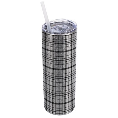 Elanze Designs Silvertone Sparkle 20 Ounce Double Wall Stainless Steel Glitter Travel Tumbler With Sliding Lid And Straw, Plaid