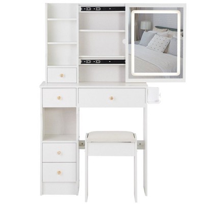 NicBex Makeup Vanity Desk with Left Drawers & Cushioned Stool,Wood Makeup Table with Sliding Mirror for Bedroom