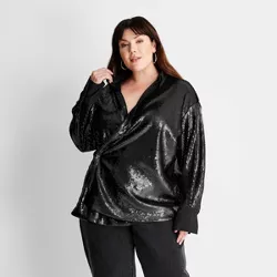 Women's Plus Size Long Sleeve Sequin Button-Down Shirt - Future Collective™ with Kahlana Barfield Brown Black 4X