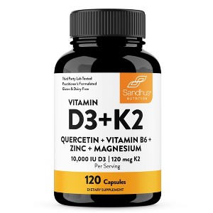 Sandhu's Vitamin D3 K2 10000IU, 120 mcg Capsules 120 Count with Magnesium, Vit B6, Zinc & Quercetin, Supports Energy, Immune & Muscle Health - 1 of 4