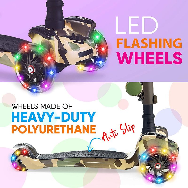 Hurtle ScootKid 3 Wheel Child Toddler Toy Scooter with LED Wheel Lights and Adjustable Height for Ages 1 to 14 Years Old, Camo, 4 of 7