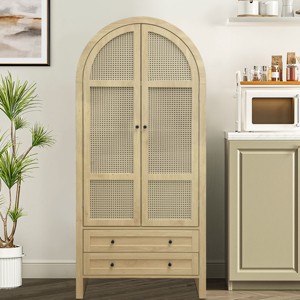 70.28"Wood Kitchen Pantry Pantry Unit Sideboard Cabinet Archway Cabinet With Adjustable Shelves,Pantry Cupboards With Rattan Door-Cuddlewood - 1 of 4