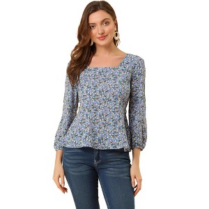 Allegra K Women's Floral Print Belted Waist Square Neck Vintage Peplum Blouse - 1 of 4