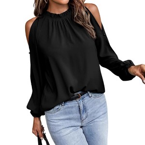 Coolmee Women's Blouses Dressy Casual Cold Shoulder Ruffle Collar Blouses Fall Fashion Shirts for Work - 1 of 4