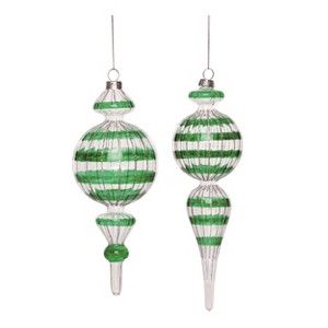 Transpac Large Glass Long Green Striped Ornament Set of 2 Christmas Home Decorations - 1 of 1