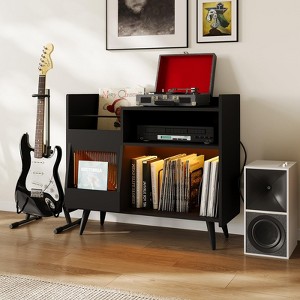 Large Vinyl Record Player Stand with Sliding Door - Storage Cabinet Featuring Built-in Charging Station & Lights for Living Room & Home Office - 1 of 4
