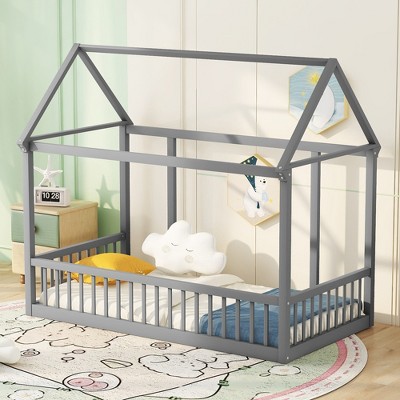 Montessori Floor Bed with House Roof Frame, for Kids