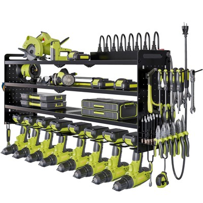WOWLIVE 4 Tier Storage Rack for Garage, Heavy Duty Rack, Large Power Tool Organizer Wall Mount with Charging Station, TR001