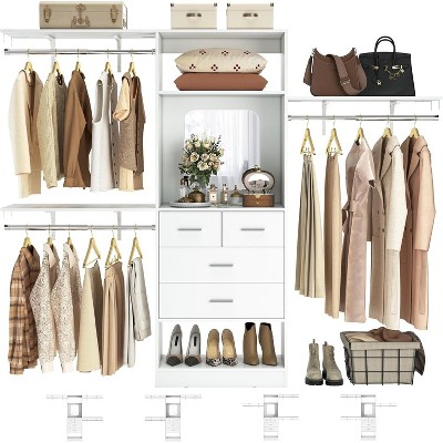 Aheaplus Closet Organizer with Drawer, Closet System with Mirror and Hanging Rod