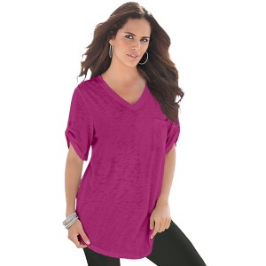 Roaman's Women's Plus Size V Neck Boyfriend Textured Tunic - 1 of 4