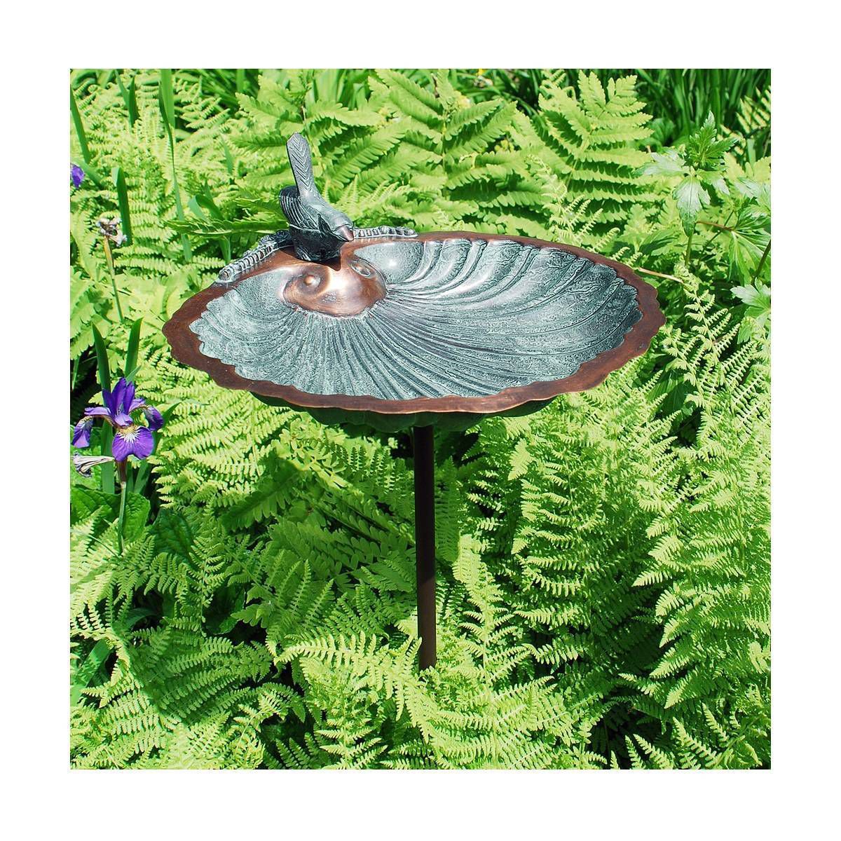 11" Scallop Shell Birdbath and Feeder with Stake Antique Brass Plated - ACHLA Designs: Weather-Resistant Garden Decor, No Assembly Required - thumbnail 2