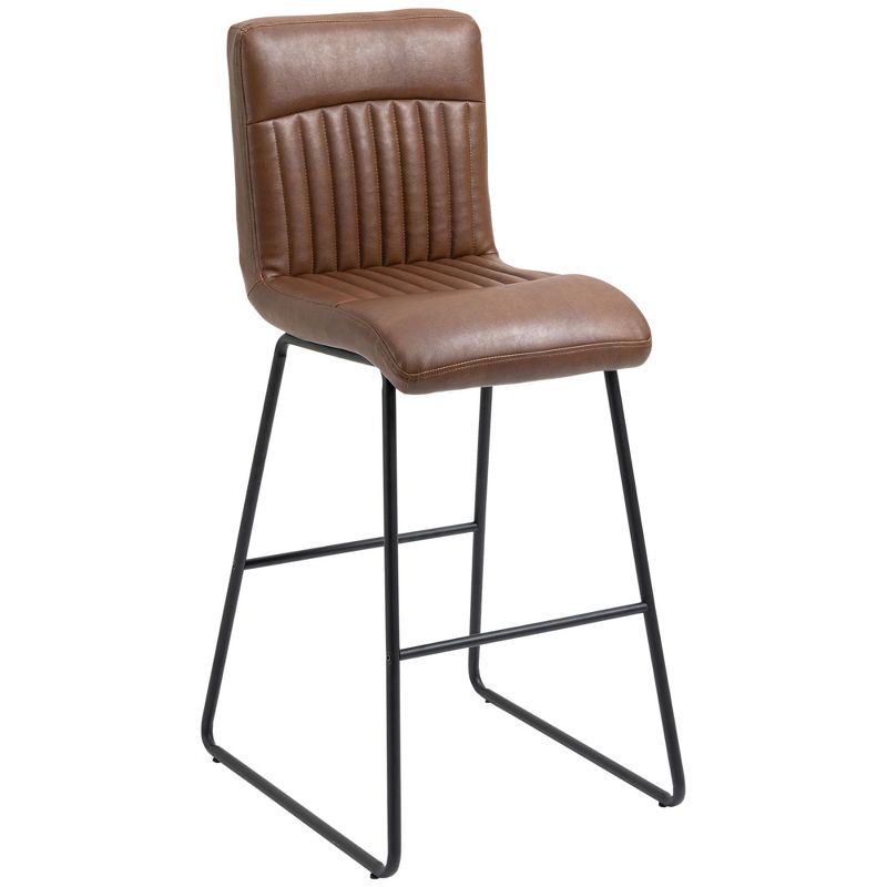 HOMCOM 30" Industrial Bar Stool, PU Leather Barstool with Footrest, Upholstered Armless Pub Height Chair, Brown / Black, 1 of 7