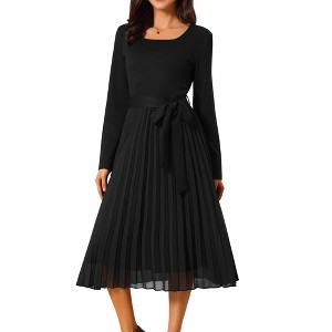 INSPIRE CHIC Women's Fall Long Sleeve Casual Crewneck Pleated A Line Flowy Midi Party Dresses with Belt - 1 of 4