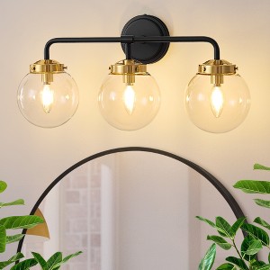 POWLIG 22.44-in 3-Light Black&Gold Bathroom Light Fixtures Over Mirror Vanity Lighting with Clear Glass Globe Shades - 1 of 4