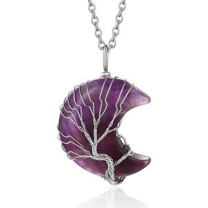 Tree of Life Wrapped Healing Crystal Necklace 12 Month Birthstone Pendant Crescent Heart Gemstone Jewelry - 1 of 4