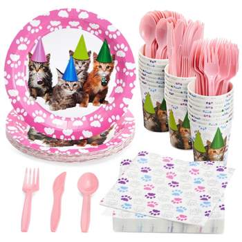 Juvale 144-Pieces of Kitten Party Supplies with Cat Birthday Paper Plates, Napkins, Cups, and Cutlery, Serves 24