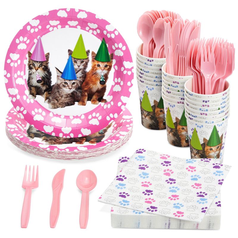 Juvale 144-Pieces of Kitten Party Supplies with Cat Birthday Paper Plates, Napkins, Cups, and Cutlery, Serves 24, 1 of 8